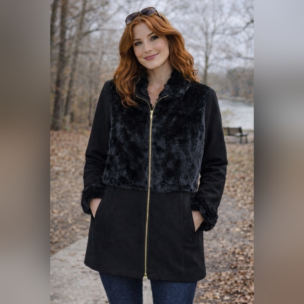 Thalia Sodi Black Teddy Jacket with Faux Fur Trim.pit To Pit 18" Lenth 30"